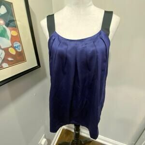 LOFT Navy Blue Satin Tank Top SIZE MEDIUM Black Ribbon Straps Pleated Neckline